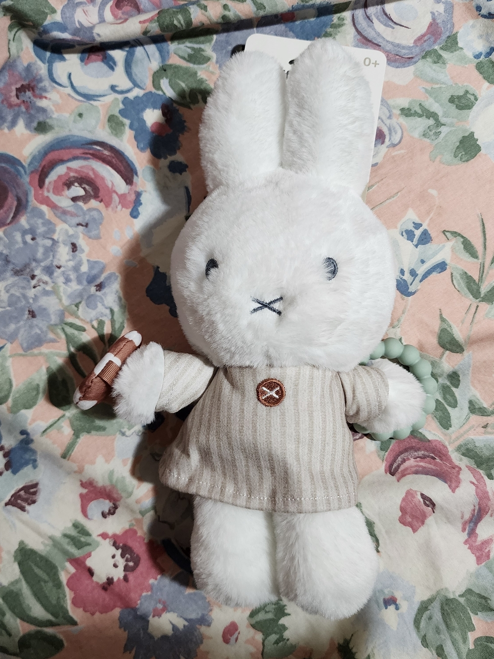 miffy White Plush Bunny with Beige Striped Shirt and Mint Teether